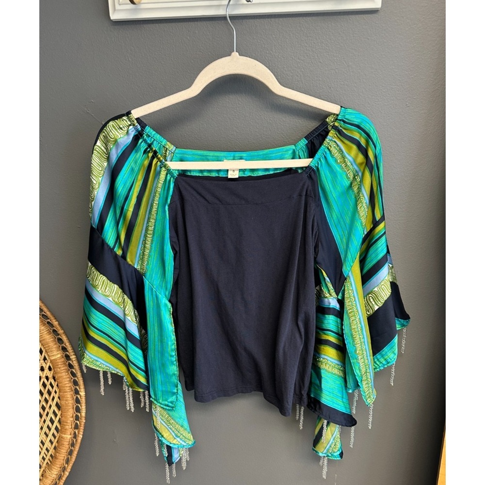 Anthropologie Tiny Womens S Satin Sleeve‎ Beaded Top Boho Festival Bell Sleeve